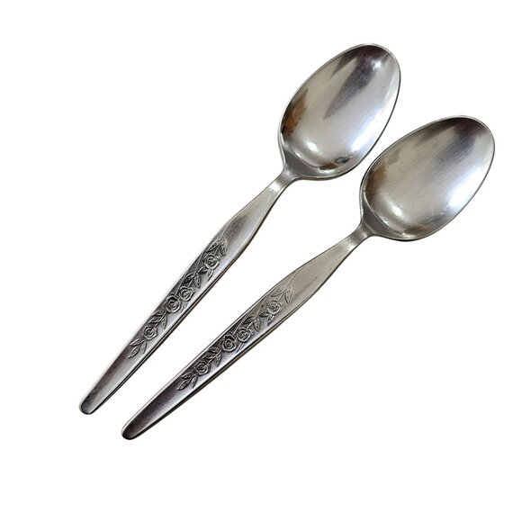 2 Elden Vintage Flower Teaspoon Spoon Stainless 6" Rose Midcentury Colonial Styl - Picture 1 of 7